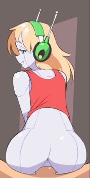 1boy 1girl android animated animated_gif anus ass blonde_hair blue_eyes bottomless colored_skin curly_brace doukutsu_monogatari from_behind grin headphones hetero long_hair looking_back nickleflick penis pov pussy robophilia robot robot_girl sex smile uncensored vaginal white_skin