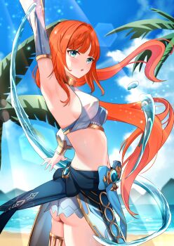 1girl absurdres armpits ass beach blue_eyes blue_shorts blue_skirt blue_sky blue_sleeves breasts commentary_request cowboy_shot day detached_sleeves from_side genshin_impact gold_trim harem_outfit highres hydrokinesis jewelry long_hair low_twintails medium_breasts midriff mountainous_horizon navel neck_ring nilou_(genshin_impact) no_headwear outdoors parted_lips partial_commentary red_hair shorts sideboob skirt sky solo thighlet twintails water yattorusen