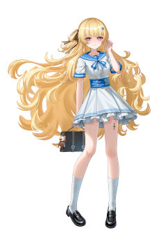 Rule 34 | 1girl, absurdres, alternate costume, bag charm, black bow, black shoes, blonde hair, bow, breasts, charm (object), closed mouth, commentary request, diggy duggy (wuthering waves), dongyun hua, dress, full body, hair bow, hair ornament, hand up, highres, long hair, looking at viewer, medium breasts, phoebe (wuthering waves), purple eyes, shoes, simple background, smile, socks, solo, striped bow, tacet mark (wuthering waves), tachi-e, very long hair, white background, white dress, white socks, wuthering waves, x hair ornament