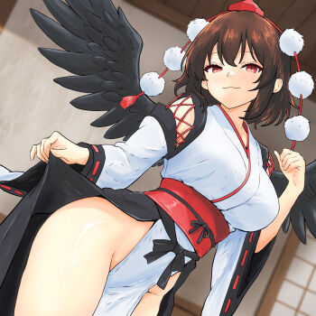 Rule 34 | 1girl, :3, bird wings, black wings, blush, breasts, brown hair, closed mouth, commentary request, detached sleeves, feathered wings, groin, hair between eyes, hat, highres, hinben, japanese clothes, kimono, kourindou tengu costume, large breasts, looking at viewer, medium hair, no panties, obi, official alternate costume, pelvic curtain, pom pom (clothes), red eyes, red hat, red sash, ribbon-trimmed sleeves, ribbon trim, sash, shameimaru aya, side slit, smile, solo, thighs, tokin hat, touhou, white kimono, wings
