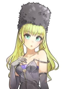1girl bare_shoulders black_gloves black_hat blonde_hair breasts code_vein commentary_request elbow_gloves gloves green_eyes hand_on_own_chest hat long_hair looking_at_viewer mia_karnstein simple_background small_breasts solo strap_slip twintails upper_body white_background yunar