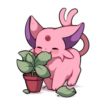 Rule 34 | absurdres, animal focus, closed eyes, closed mouth, eating, espeon, fang, forehead jewel, forked tail, gen 2 pokemon, highres, leaf, nintendo, no humans, plant, pokemon, pokemon (creature), pokemon focus, potted plant, sevi (seviyummy), simple background, smile, solo, tail