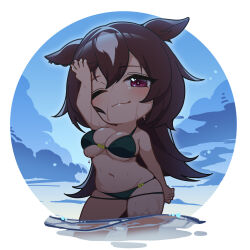 Rule 34 | 1girl, animal ears, arm up, bare arms, bare legs, bare shoulders, bikini, blush, breasts, brown hair, chibi, closed mouth, cloud, commentary, commission, cowboy shot, green bikini, groin, hair between eyes, highres, horse ears, horse girl, horse tail, long hair, looking at viewer, multicolored hair, navel, no nose, one eye closed, outdoors, purple eyes, sirius symboli (umamusume), skeb commission, smile, solo, streaked hair, swimsuit, tail, thighs, umamusume, underboob, wading, warashi, water, wet, white hair