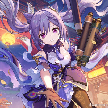 1girl absurdres bare_shoulders brown_pantyhose commentary cone_hair_bun detached_sleeves english_commentary genshin_impact grin hair_bun highres holding holding_scroll keqing_(genshin_impact) long_hair looking_at_viewer night night_sky official_art outdoors pantyhose purple_eyes purple_hair purple_skirt reaching reaching_towards_viewer scroll short_sleeves skirt sky sleeveless smile solo twintails