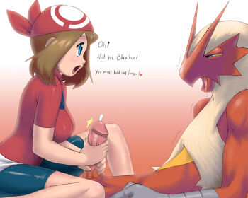 1girl animal_penis apostle_(artist) bandana bike_shorts blaziken blue_eyes brown_hair cum english_text furry furry_male furry_with_non-furry gen_3_pokemon gradient_background half-closed_eyes handjob interspecies large_penis latex may_(pokemon) nintendo open_mouth penis pokemon pokemon_(creature) pokephilia red_background resisting_orgasm saliva two-handed_handjob uncensored white_background