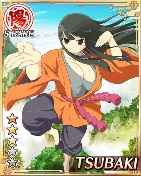 1girl black_hair black_pants black_shoes border breasts card_(medium) character_name cleavage closed_mouth english_text frown game_cg grey_shirt hime_cut kung_fu large_breasts long_hair martial_arts mountainous_horizon mountaintop official_alternate_costume official_art orange_robe pants red_eyes robe senran_kagura senran_kagura_new_wave shirt shoes solo standing standing_on_one_leg training tsubaki_(senran_kagura) wind