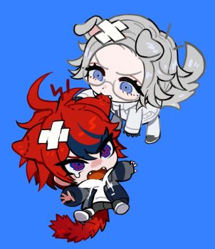 Rule 34 | 2boys, angry, animal ears, antenna hair, aotsuki eito, arms up, bandage on hair, biting, biting ear, blue background, blue hair, cat boy, cat ears, cat tail, chibi, chibi only, coat, commentary request, dog boy, dog ears, dog tail, dot nose, eyelashes, fangs, fug uai, glasses, grey hair, grey pants, grey shoes, jacket, long sleeves, male focus, multicolored eyes, multicolored hair, multicolored jacket, multiple boys, open clothes, open jacket, pants, parted hair, red hair, ringed eyes, shoes, simple background, streaked hair, sumino takumi, tail, tears, the hundred line -last defense academy-, two-tone jacket, v-shaped eyebrows, white coat, white pants