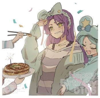 1boy 3girls animal_hood border bow cardigan chopsticks closed_eyes commentary_request confetti dorothy_west fang food green_cardigan green_hairband hair_bow hairband happy_birthday highres holding holding_chopsticks holding_plate hood hood_up idol_time_pripara imminent_hug long_hair long_sleeves monjayaki mouse_hood multiple_girls nijiiro_nino onesie open_mouth pajamas plate poteto832 pretty_series pripara purple_hair reona_west shirt simple_background smile striped_clothes striped_shirt toudou_shion white_background white_border