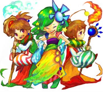 1boy 2girls ^_^ baggy_pants blue_shawl brother_and_sister brown_hair cape closed_eyes dress earrings final_fantasy final_fantasy_iv fire floating green_cape green_sash hair_ornament hands_on_own_hips holding holding_staff jewelry looking_at_viewer lowres mage_staff multicolored_dress multiple_girls open_mouth palom pants ponytail porom purple_dress purple_eyes red_cape rinne_(maxbeat) rydia_(ff4) rydia_(young)_(ff4) sash shawl short_hair short_ponytail siblings sleeveless sleeveless_dress smile staff star_(symbol) star_earrings star_hair_ornament teeth twins two-sided_cape two-sided_fabric upper_teeth_only yellow_cape yellow_dress