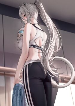 1girl absurdres ahoge animal_ear_piercing animal_ears ass black_choker black_pants bottle breasts character_name choker commentary_request from_behind grey_eyes grey_hair hand_up highres holding holding_bottle hololive indoors large_breasts lion_ears lion_girl lion_tail long_hair looking_at_viewer looking_back median_furrow open_mouth pants pantylines plastic_bottle ponytail shishiro_botan solo sports_bra tail very_long_hair virtual_youtuber wanne white_sports_bra yoga_pants
