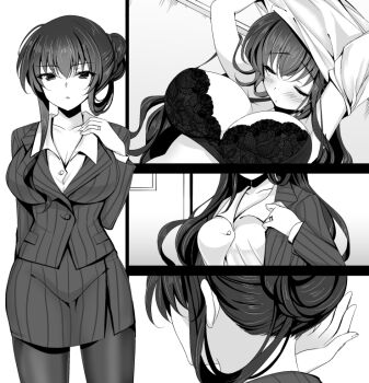 Rule 34 | 1girl, blush, bra, breasts, buttons, cleavage, closed eyes, collarbone, collared shirt, dressing, greyscale, ichiyou moka, jewelry, large breasts, long hair, monochrome, pantyhose, pinstripe jacket, pinstripe pattern, pinstripe skirt, ring, saimin kanojo (ichiyou moka), shirt, solo, takanashi ouka (ichiyou moka), underwear