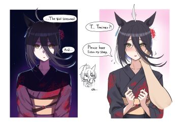 2girls absurdres agnes_tachyon_(umamusume) ahoge animal_ears black_kimono cheek_press collarbone disembodied_hand ear_ornament ear_tag earrings embarrassed expressionless expressive_hair floral_print flower flying_sweatdrops furrowed_brow hair_between_eyes hair_flower hair_ornament hand_on_another&#039;s_cheek hand_on_another&#039;s_face hands_up highres horse_ears japanese_clothes jewelry kimchi_(user_mpzz8457) kimono long_bangs long_hair_between_eyes long_sleeves looking_at_viewer manhattan_cafe_(umamusume) medium_hair motion_lines multicolored_hair multiple_girls multiple_views official_alternate_costume official_alternate_hairstyle parted_lips pov red_flower shaded_face single_earring speech_bubble spider_lily trainer_(umamusume) umamusume white_hair yellow_eyes