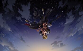 1boy 1girl armor artist_request black_dress black_pants blonde_hair blue_eyes boots breasts brown_boots brown_gloves code_geass code_geass:_lost_stories code_geass:_soubou_no_oz dress full_body game_cg gloves green_eyes hand_on_own_hip highres long_hair looking_at_viewer male_focus marrybell_mel_britannia medium_breasts non-web_source official_art orange_hair orpheus_zevon pants short_hair short_sleeves shoulder_armor solo standing