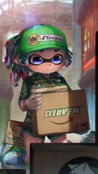 1girl bad_id bad_twitter_id baseball_cap black_shorts blue_eyes blue_hair blurry blurry_background box brand_name_imitation breast_pocket breast_rest breasts cardboard_box closed_mouth collared_shirt commentary_request crate day depth_of_field diffraction_spikes dolphin_shorts employee_uniform expressionless gloves gradient_hair green_footwear green_hair green_hat green_shirt hat highres hizake_mozu holding holding_box inkling inkling_(language) inkling_girl inkling_player_character jellyfish_(splatoon) legs_apart lens_flare logo long_hair looking_away looking_down medium_breasts monster_girl multicolored_hair nintendo partially_unbuttoned pink_hair pocket pointy_ears polo_shirt ponytail purple_hair shade shirt short_eyebrows short_shorts short_sleeves shorts splatoon_(series) splatoon_2 standing striped_clothes striped_shirt sunlight sweat tentacle_hair warehouse white_gloves