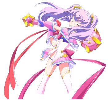 1girl arms_up back_ribbon bandeau bare_shoulders blue_bandeau blue_panties chaos;head chaos;head_love_chu_chu! chest_ribbon clenched_teeth closed_eyes clothing_cutout cute_weapon earrings erin-fray_orgel facing_viewer fingerless_gloves flat_chest frown game_cg gloves gold_trim grin hair_ornament halterneck hands_on_own_hips holding holding_mace holding_weapon horns imminent_attack jewelry long_hair mace magical_girl matsuo_yukihiro narrowed_eyes navel non-web_source off_shoulder official_art open_mouth panties petticoat purple_hair red_ribbon ribbon science_adventure smile solo sprite star_(symbol) star_hair_ornament swinging_weapon teeth thighhighs thighs transparent_background triangle_mouth twintails underboob_cutout underwear weapon white_horns white_thighhighs zettai_ryouiki