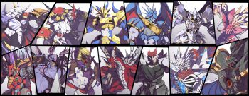 alphamon armor artist_name black_border blonde_hair blue_eyes border brown_hair cape commentary_request covered_eyes craniummon digimon digimon_(creature) dragon dragon_horns duftmon dukemon dynasmon examon fangs gankoomon glowing glowing_eyes green_eyes highres holding holding_polearm holding_shield holding_weapon horns jesmon looking_at_viewer lordknightmon magnamon mecha no_humans omegamon partial_commentary pink_eyes polearm purple_hair red_cape red_eyes robot ryo@ shield sleipmon ulforcev-dramon upper_body weapon white_cape yellow_eyes