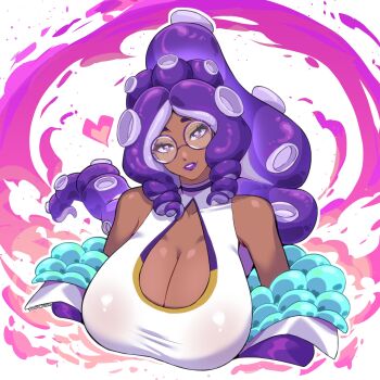 1girl breasts catboi_arry cleavage cleavage_cutout clothing_cutout dark-skinned_female dark_skin heart highres huge_breasts indie_virtual_youtuber long_hair looking_at_viewer momma_occo nintendo octoling purple_eyes purple_hair purple_lips round_eyewear shirt sleeveless sleeveless_shirt solo splatoon_(series) tentacle_hair upper_body virtual_youtuber white_shirt