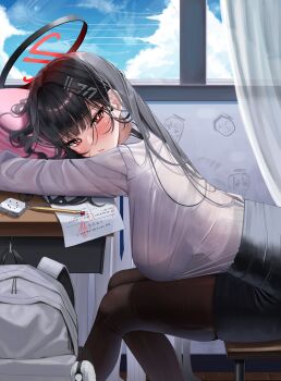 Rule 34 | 1girl, :/, absurdres, alternate costume, backpack, bag, bent over, black bra, black hair, black halo, black pantyhose, black skirt, blue archive, blush, bra, breasts, closed mouth, commentary request, day, doodle sensei (blue archive), eraser, from side, halo, highres, hsxxx, indoors, large breasts, long hair, looking at viewer, looking to the side, millennium science school logo, multicolored halo, pantyhose, paper, pencil, pencil skirt, red eyes, red halo, rio (blue archive), see-through clothes, see-through shirt, sensei (blue archive), shirt, skirt, solo, two-tone halo, underwear, very long hair, white bag, white shirt, yuuka (blue archive)