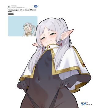 1girl absurdres adapted_costume artist_name black_bodysuit black_panties bodysuit breasts capelet closed_mouth earrings elf female_pubic_hair frieren green_eyes hair_over_shoulder highleg highleg_panties highres jewelry long_hair looking_at_viewer looking_down meme navel nisp_art panties panty_lift parted_bangs pointy_ears pubic_hair reference_inset simple_background small_breasts smug solo sousou_no_frieren spacedev1 teardrop_earrings twintails underwear upward_angle_frieren_drawing_(meme) white_background white_capelet