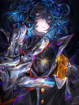 1boy absurdres blue_eyes blue_hair cloak colored_skin gloves grey_skin highres jewelry medium_hair n4pstab1ook necklace necromancer non-web_source source_request virtual_youtuber white_gloves