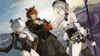 1boy 2girls animal_ear_fluff animal_ear_piercing animal_ears arm_behind_back asymmetrical_shorts bandaged_arm bandages bare_shoulders beret black_gloves black_hair black_hat black_horns black_jacket black_shorts black_unitard blonde_hair blue_hair braid breasts button_gap cleavage closed_mouth cloud collar commentary_request cowlick crossed_arms crossed_bangs detached_sleeves dog_boy dog_ears dog_tail fingernails gloves goat_ears goat_girl goat_horns green_pants guest_art hair_between_eyes hat holding holding_weapon horns jacket komano_manato large_breasts leaf_in_mouth long_hair looking_at_viewer lucia_elowen mole mole_under_mouth multicolored_hair multiple_girls multiple_scars muscular muscular_male nanjo_maya outdoors pants pectorals pointy_ears purple_eyes purple_nails red_bandage red_eyes red_hair scar scar_across_eye scar_on_chest scar_on_face shirt short_hair shorts single_thighhigh smile spiked_jacket suction_cups tail tentacle_girl tentacle_tail tentacles thighhighs twin_braids weapon white_shirt yellow_eyes yidhari_murphy zenless_zone_zero