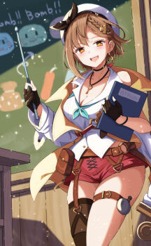 1girl asymmetrical_sleeves atelier_(series) atelier_ryza atelier_ryza_2 bare_shoulders belt beret black_gloves book breasts brown_eyes brown_hair brown_thighhighs chalkboard cleavage commentary_request cowboy_shot earrings fingerless_gloves gloves hat highres holding holding_book holding_pointer jewelry key key_necklace long_sleeves necklace pointer red_shorts reisalin_stout shirt shorts single_thighhigh sleeveless sleeveless_shirt solo standing teaching thigh_belt thigh_strap thighhighs uneven_sleeves white_hat white_shirt yanu