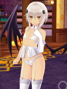 1girl 3d black_wings cat_hair_ornament demon_wings elbow_gloves female_focus flat_chest garter_straps gloves hair_ornament high_school_dxd highres indoors lace lace-trimmed_panties lace_trim lingerie looking_at_viewer panties senran_kagura single_elbow_glove solo standing toujou_koneko underwear underwear_only white_gloves white_hair white_legwear white_panties wings yellow_eyes