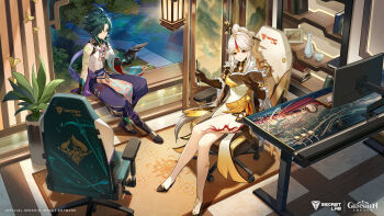 1boy 1girl absurdres ahoge arm_tattoo bare_legs beads black_gloves book calligraphy_brush chair china_dress chinese_clothes computer computer_keyboard computer_mouse copyright_logo dress folding_screen genshin_impact gloves green_hair hair_ornament hair_stick highres holding holding_book holding_brush holding_mask jewelry leg_tattoo logo long_hair lotus_leaf mask necklace ningguang_(genshin_impact) official_art official_wallpaper on_chair open_book paintbrush pool red_eyes red_tattoo shirt sitting sleeveless sleeveless_shirt table_saw tattoo two-tone_dress white_hair xiao_(genshin_impact) yellow_eyes