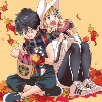 1boy 1girl aimoto_shou_(artist) animal_hood black_hair black_leggings blonde_hair blue_eyes commentary commentary_request fingerless_gloves food food_on_face full_body gloves holding holding_food hood hood_up hooded_jacket jacket kemono_jihen kon_(kemono_jihen) kusaka_kabane leaf leggings open_mouth red_eyes scarf short_hair sitting sweet_potato teeth thick_eyebrows tongue tongue_out yellow_background