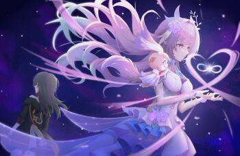 +_+ 2girls absurdres amphoreus_(honkai:_star_rail) aqua_hair black_coat breasts coat commentary_request cyrene_(demiurge)_(honkai:_star_rail) cyrene_(honkai:_star_rail) dress flower grey_hair hair_flower hair_ornament highres honkai:_star_rail honkai_(series) large_breasts long_hair mem_(honkai:_star_rail) mobius_strip multiple_girls stelle_(honkai:_star_rail) trailblazer_(honkai:_star_rail) very_long_hair wennuan_xiao_te white_dress