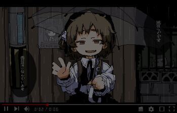 1girl beret black_hat black_ribbon black_skirt brown_eyes brown_hair cameo cat collared_shirt commentary_request cowboy_shot fake_video fang fence flower hair_flower hair_ornament half-closed_eyes hand_up hat hatoba_tsugu holding holding_umbrella jaggy_lines kaeruyama_yoshitaka long_sleeves looking_at_viewer missing_poster mole mole_under_eye neck_ribbon night oekaki open_mouth outdoors rain ribbon scp-040-jp scp_foundation shirt short_hair skirt smile solo translation_request transparent transparent_umbrella tsugu_(vtuber) umbrella utility_pole virtual_youtuber waving white_shirt wooden_fence youtube