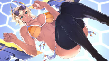 1girl 23_(real_xxiii) :&lt; abs bikini black_thighhighs blonde_hair blue_eyes blush breasts covered_erect_nipples crossover dark-skinned_female dark_skin energy_blade energy_weapon eyewear_on_head female_focus glasses hair_ornament highres holding honeycomb_(pattern) honeycomb_background honeycomb_pattern huge_breasts huge_weapon looking_at_viewer lying muscular on_back orange_bikini original phantasy_star phantasy_star_online_2 ponytail sela_(23) side-tie_bikini_bottom solo sunglasses swimsuit sword tan thighhighs weapon