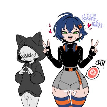 1boy 1girl aftersex age_difference animal_hood belle_(zenless_zone_zero) belt black_gloves black_shirt blue_hair bottomless cat_hood caught censored colored_skin critical_hit cum cum_in_pussy cumdrip double_v earrings english_text fingerless_gloves gloves green_eyes grey_skin hair_ornament headphones heart hetero hood hoodie impregnation jewelry letter_hair_ornament nervous nervous_sweating onee-shota open_mouth ovum_with_heart penis shirt shota single_earring skirt sperm_cell striped_clothes striped_thighhighs sweat thighhighs unepicroachy v y/n_(leepicmochi) zenless_zone_zero