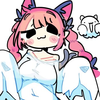 1girl :3 animal_ears black_eyes blush braid breasts cat cat_ears cat_girl closed_mouth covered_navel extra_ears ghost_costume highres kaenbyou_rin kourihase looking_at_viewer pointy_ears red_hair side_braids simple_background touhou twin_braids upper_body white_background