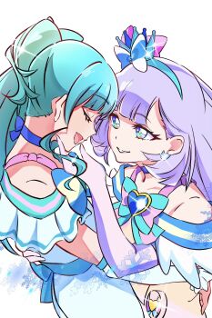 Rule 34 | 2girls, aqua bow, aqua bowtie, aqua hair, arm around waist, blue bow, blue bowtie, blue choker, blue crown, blue eyes, blue hair, blue hairband, blunt bangs, bow, bowtie, brooch, choker, closed eyes, closed mouth, commentary, crown, crown earrings, cure lillian, cure nyammy, dress, earrings, elbow gloves, gloves, hair bow, hairband, half gloves, hand on another's face, heart, heart brooch, highres, hug, jewelry, kengo kumaxile, long hair, looking at another, magical girl, mini crown, multiple girls, nekoyashiki mayu, nekoyashiki yuki, off-shoulder dress, off shoulder, open mouth, pact holder, pink bow, pointed crown, precure, side ponytail, simple background, smile, snowflakes, sparkle, standing, straight hair, tilted headwear, white background, white dress, wonderful precure!, yuri