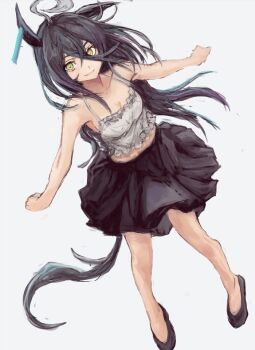 1girl ahoge animal_ears bare_shoulders black_hair black_skirt breasts camisole closed_mouth collarbone ear_tag earrings full_body hair_between_eyes horse_ears horse_girl horse_tail jewelry long_bangs long_hair long_hair_between_eyes looking_at_viewer manhattan_cafe_(umamusume) midriff_peek multicolored_hair pleated_skirt shoes simple_background single_earring skirt small_breasts smile solo tail umamusume white_background white_camisole white_hair yanagi_wakana yellow_eyes