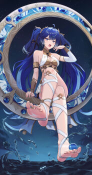 1girl absurdres ahoge ancient_greek_clothes armlet bare_shoulders barefoot blue_eyes blue_hair breasts cleavage commentary feet fingernails gold_bra greco-roman_clothes hair_belt hand_up highres iuno_(wuthering_waves) jewelry kmg_(ezah8373) laurel_crown leg_wrap long_hair looking_at_viewer open_mouth orb sitting sky soles solo star_(sky) starry_sky tacet_mark_(wuthering_waves) toe_ring toenails toes twintails v-shaped_eyebrows vambraces very_long_hair wuthering_waves