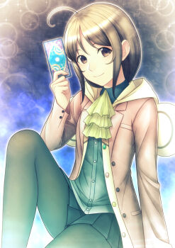 1girl ahoge aikawa_miyuu animal_ear_hood arm_support ascot black_pantyhose brown_eyes brown_hair card coat fake_animal_ears head_tilt highres holding holding_card hood jacket long_hair long_sleeves looking_at_viewer miniskirt occultic;nine pantyhose pleated_skirt school_uniform science_adventure sitting skirt smile solo taba_neruko tarot tarot_card yellow_ascot yellow_hood