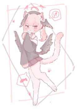 1girl animal_ears black_wings blue_archive blush cat_ears cat_girl cat_tail feathered_wings full_body furrification furry halo head_wings koharu_(blue_archive) korean_commentary long_sleeves nagakiras2 paw_print pink_eyes pink_fur pink_hair pleated_skirt sailor_collar school_uniform serafuku simple_background skirt solo sweat tail twintails wings