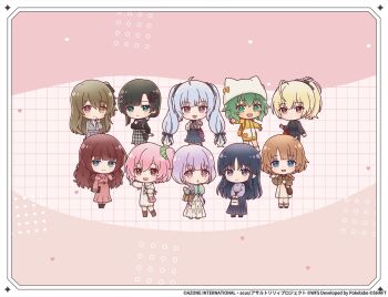6+girls :d :o ahoge ando_tazusa arm_at_side assault_lily bag belt belt_buckle black_boots black_hair black_ribbon black_shirt black_shoes black_skirt black_socks blonde_hair blue_eyes blunt_bangs boots border bow braid braided_ponytail brown_background brown_belt brown_boots brown_dress brown_eyes brown_hair brown_shirt buckle chibi closed_mouth clothing_cutout commentary_request copyright_name dress fang frilled_dress frilled_shirt frilled_shirt_collar frilled_sleeves frilled_socks frills full_body futagawa_fumi green_eyes green_hair green_scrunchie green_shirt grey_hair grey_jacket grey_shirt grey_skirt grid_background hair_ornament hair_over_shoulder hair_ribbon hair_scrunchie hand_in_own_hair hand_on_own_chin hand_on_own_hip hand_to_own_mouth hand_up handbag hands_up hat hat_bow hat_with_ears heart heart-shaped_bag heart_background heart_necklace heel_up heterochromia high-waist_skirt high_belt high_ponytail highres hitotsuyanagi_riri hitotsuyanagi_yuri holding_strap jacket jewelry kaede_johan_nouvel kuo_shenlin light_blush long_hair long_sleeves looking_at_viewer low_twin_braids low_twintails miriam_hildegard_von_gropius multicolored_jacket multiple_girls neck_ribbon necklace official_alternate_costume official_art one_side_up open_clothes open_hand open_jacket open_mouth orange_bow outstretched_arm parted_lips pink_background pink_hair plaid_clothes plaid_shirt plaid_skirt pleated_skirt pointing pointing_at_viewer ponytail purple_eyes purple_hair purple_shoes red_eyes ribbed_socks ribbon ring scrunchie shirai_yuyu shirt shoes short_hair shorts shoulder_bag shoulder_cutout single_braid skirt smile socks standing striped_clothes striped_scrunchie suspender_skirt suspenders teeth twin_braids twintails two-tone_background two-tone_jacket upper_teeth_only v_arms very_long_hair wang_yujia white_border white_dress white_hat white_jacket white_scrunchie white_shirt white_skirt white_socks x_hair_ornament yellow_eyes yellow_jacket yellow_shorts yoshimura_thi_mai