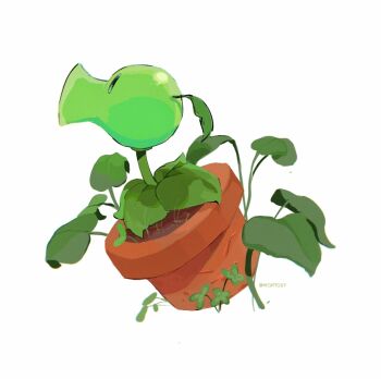 Rule 34 | artist name, black eyes, chinese commentary, chromatic aberration, closed eyes, closed mouth, clover, commentary request, dirt, facing viewer, film grain, flower pot, flower pot (plants vs. zombies), from side, halftone, hightguy, leaf, light smile, looking up, no humans, peashooter (plants vs. zombies), plant, plant focus, plants vs. zombies, profile, simple background, solid oval eyes, weeds, white background