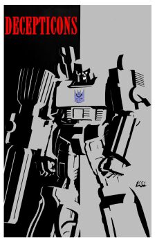 Rule 34 | 2008, arm cannon, bad deviantart id, bad id, clenched hands, decepticon, don allan figueroa, english text, insignia, looking at viewer, mecha, megatron, movie poster (medium), no humans, parody, partially colored, retro artstyle, robot, scarface, signature, standing, transformers, transformers: generation 1, weapon