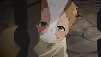 1boy anime_screenshot blush brown_hair crawling green_eyes mushoku_tensei object_on_head panties panties_on_head shirt smile underwear