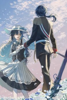Rule 34 | 1boy, 1girl, ^ ^, aiguillette, akuma shitsuji to kuroi neko, belt, bib collar, bird, black hair, black jacket, black pants, black skirt, black vest, blue flower, blue hair, blue ribbon, brother and sister, buttons, closed eyes, cloud, cloudy sky, collar, colored inner hair, epaulettes, falling petals, field, floating hair, flower, flower field, frilled collar, frills, fringe trim, hair between eyes, hand on headwear, hat, hat ribbon, haures clifford, high collar, highres, imminent hand holding, jacket, long hair, long skirt, long sleeves, military uniform, mmsr xx, multicolored hair, neck ribbon, offering hand, open mouth, outdoors, pale skin, pants, parted bangs, petals, plant, ponytail, red sash, ribbon, sash, shoulder sash, siblings, side ponytail, skirt, sky, smile, standing, striped clothes, striped skirt, sunrise, sword, tricia clifford, two-tone hair, two-tone sash, two-tone skirt, vertical-striped clothes, vertical-striped skirt, very long hair, vest, vines, watermark, weapon, white belt, white bird, white flower, white hat, white petals, white sash, white skirt, yellow rope