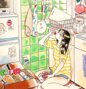 1girl barefoot black_hair blush box cabinet can canned_food cardboard_box cherry closed_eyes colored_skin commentary counter cupboard curtains cutting_board donut eating electrical_outlet emamemamo33 fingernails food fruit full_body highres holding holding_jar ice_cream indoors iridescent_hair jar kettle kitchen kitchen_timer ladle microwave newspaper orange_(fruit) original painting_(medium) refrigerator shirt short_sleeves shorts sink sitting slice_of_life solo speech_bubble stove striped_clothes striped_shirt tile_wall tiles towel traditional_media translated wariza white_skin