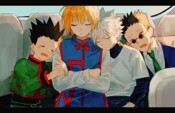 4boys black_border black_hair blonde_hair blue_jacket blue_tabard border car_interior chinese_commentary closed_eyes closed_mouth collared_shirt commentary_request crossed_arms glasses gon_freecss green_jacket green_necktie head_on_another's_shoulder highres hunter_x_hunter jacket killua_zoldyck kurapika layered_sleeves leorio_paladiknight letterboxed long_sleeves male_focus multiple_boys necktie round_eyewear sevenlistening shirt short_over_long_sleeves short_sleeves sitting sleeping sleeping_on_person spiked_hair suit_jacket tabard white_hair white_shirt