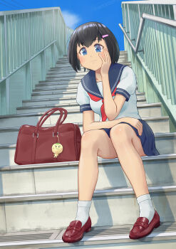 1girl bag bag_charm black_hair blue_eyes brown_shoes charm_(object) day hair_ornament hairclip hand_on_own_face highres loafers looking_at_viewer miniskirt neckerchief original outdoors railing red_neckerchief school_bag school_uniform serafuku shirt shoes short_sleeves sitting skirt socks stairs white_shirt white_socks yushinx2
