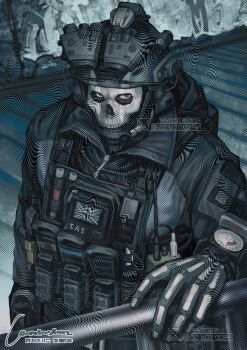 Rule 34 | 1boy, absurdres, black jacket, black vest, brown eyes, call of duty, call of duty: modern warfare 2, collared jacket, ghost (modern warfare 2), gloves, helmet, highres, hood, hood down, hooded jacket, jacket, looking to the side, male focus, mask, railing, sideways glance, skeleton print, skull mask, solo, tactical clothes, vest, walkie-talkie, watermark, z71060671