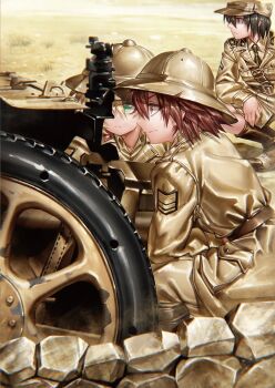 3girls belt black_belt black_boots black_necktie blonde_hair boots brown_eyes brown_hair brown_hat brown_helmet brown_jacket brown_pants brown_shirt brown_shorts closed_mouth commentary_request day desert dress_shirt field_cap frown green_eyes hat helmet hiding highres jacket long_sleeves looking_to_the_side military military_uniform military_vehicle multiple_girls necktie original outdoors pants pith_helmet rock sam_browne_belt shirt short_hair shorts squatting totsugekikouhei wing_collar