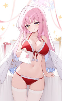 1girl absurdres angel_wings bikini blue_archive breasts commentary commentary_request english_commentary gradient_hair halo highres holding holding_letter large_breasts letter long_hair looking_at_viewer mika_(blue_archive) multicolored_hair navel origami_(poinia) pink_hair purple_hair red_bikini santa_bikini santa_costume smile solo stomach swimsuit thighhighs thighs two-tone_hair very_long_hair white_thighhighs white_wings wings yellow_eyes